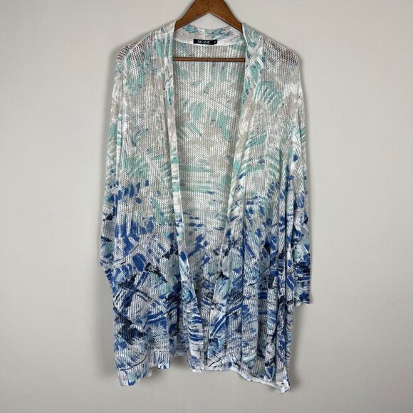 Nic+ Zoe Cardigan Sweater Womens 3X Blue White Linen Blend Open Knit 3/4 Sleeve - Picture 1 of 11